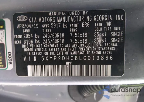 2020 Kia Telluride Lx z USA, uszkodzony, nr VIN 5XYP2DHC8LG013866